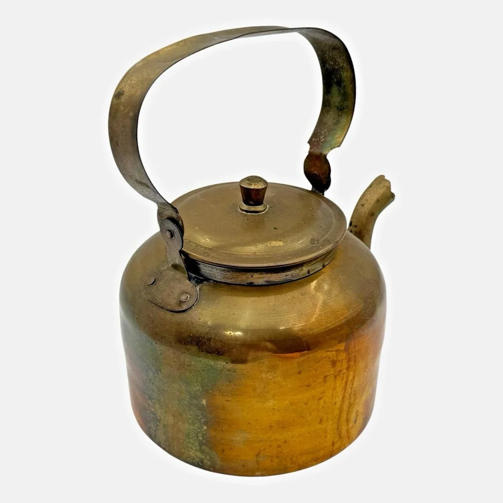 Brass Tea Kettle Primitive Farmhouse Cottage Cabin Rustic Kitchen Decor Vintage